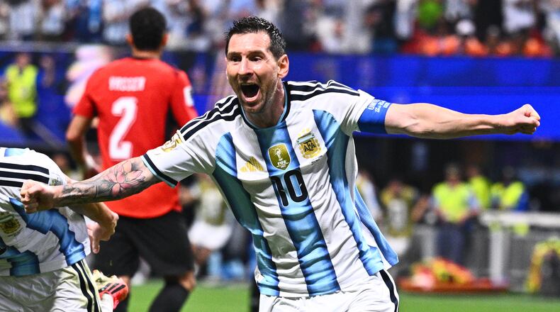 Argentina's Lionel Messi (10) celebrates scoring their second goal during the World Cup round of 16 soccer match between Argentina and Egypt in Atlanta, Tuesday, July 7, 2026. (AP Photo)