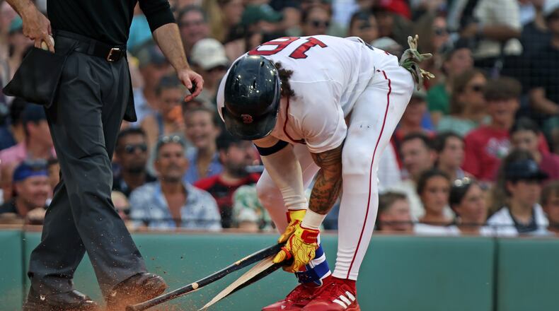 Boston Red Sox's Jarren Duran snaps his bat after striking out to end the eighth inning of a baseball game against the Athletics, Saturday, Aug. 8, 2026, in Boston. (AP Photo/Jim Davis)