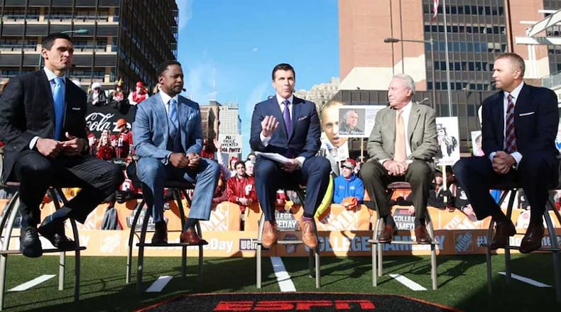 ESPN's College GameDay team of (l-r) former UGA All-American David Pollack, Desmond Howard, Rece Davis, Lee Corso and Kirk Herbstreit will broadcast from Atlanta Sept. 2.
