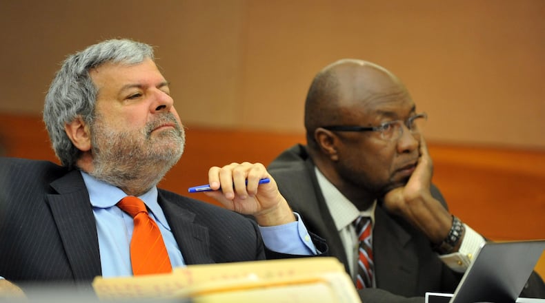 Don Samuel, left, and lawyer Richard Deane, listening to pretrial testimony in the Atlanta Public Schools test-cheating trial in 2015.