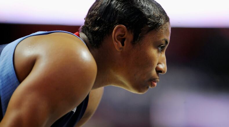 Atlanta Dreams Angel McCoughtry during the second half of a WNBA basketball game, Friday, June 3, 2016, in Uncasville, Conn. (AP Photo/Jessica Hill)