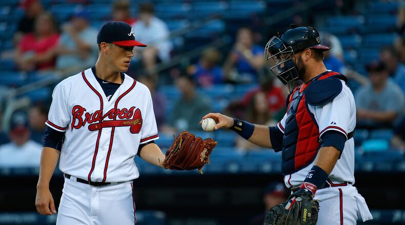 ATLANTA, GA - SEPTEMBER 17: A.J. Pierzynski #15 converses with Matt Wisler #37 of the Atlanta Braves in the first inning against the Toronto Blue Jays at Turner Field on September 17, 2015 in Atlanta, Georgia. (Photo by Kevin C. Cox/Getty Images)