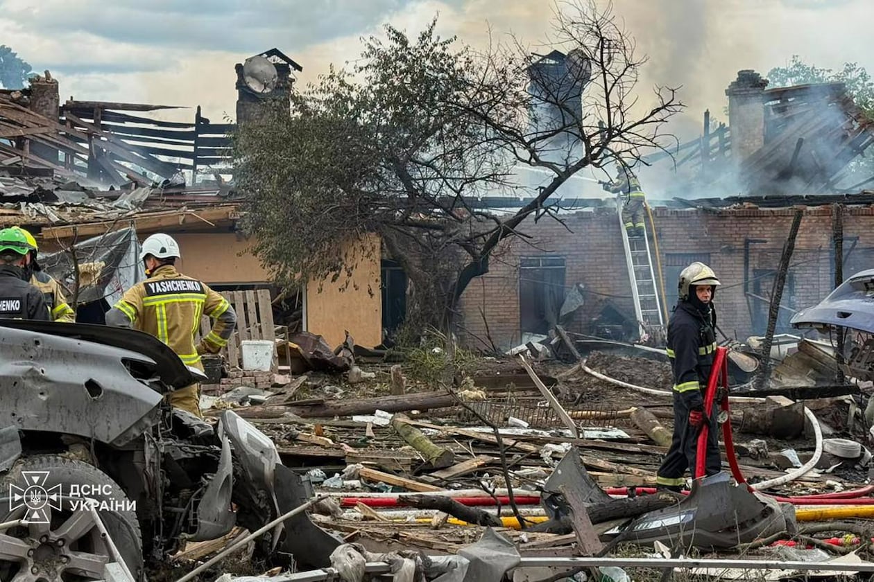 This photo provided by the Ukrainian Emergency Service, shows the site of Russian missile strikes in Kyiv region, Ukraine, Friday, July 24, 2026. (Ukrainian Emergency Service via AP)