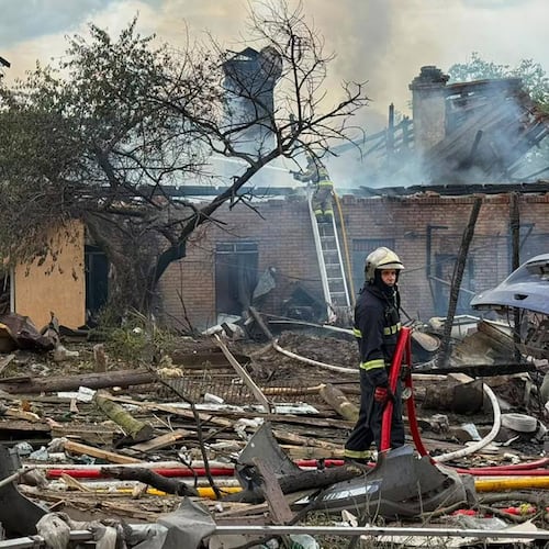 This photo provided by the Ukrainian Emergency Service, shows the site of Russian missile strikes in Kyiv region, Ukraine, Friday, July 24, 2026. (Ukrainian Emergency Service via AP)