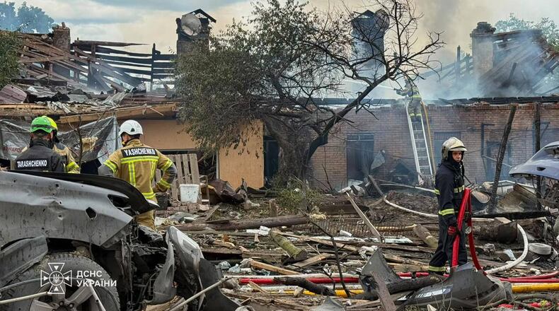 This photo provided by the Ukrainian Emergency Service, shows the site of Russian missile strikes in Kyiv region, Ukraine, Friday, July 24, 2026. (Ukrainian Emergency Service via AP)