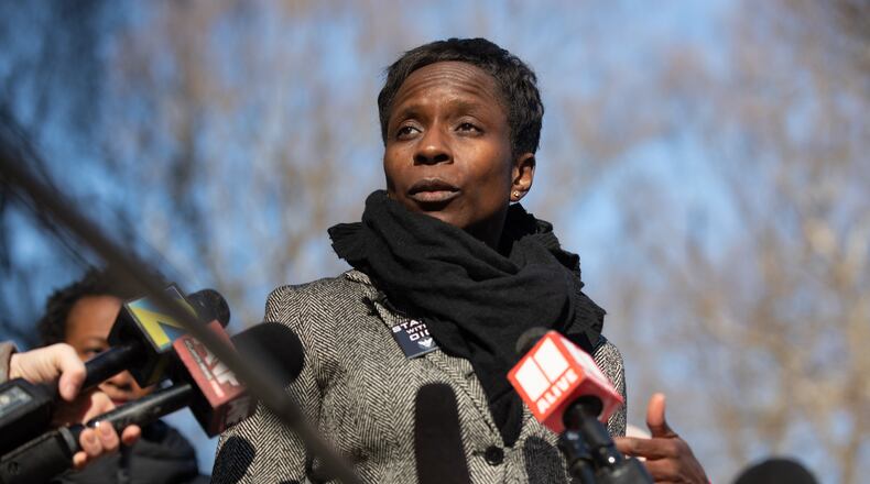 On the steps of City Hall on Monday, Fed. 17, 2025, Atlanta's Inspector General Shannon Manigault announces she will resign after nearly a yearlong feud with the Dickens administration over how much power the watchdog office has. (Riley Bunch/AJC)