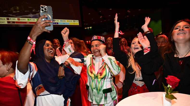 Social Democrats react to the presentation of the exit poll at the Social Democrats' election night watch party, in Stockholm, Sunday, Sept. 13, 2026. (Jonas Ekströmer/TT News Agency via AP)