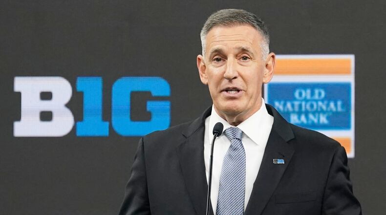 FILE - Big Ten Conference Commissioner Tony Petitti speaks during an news conference at the Big Ten Conference NCAA college football media days at Lucas Oil Stadium, July 26, 2023, in Indianapolis. (AP Photo/Darron Cummings, File)