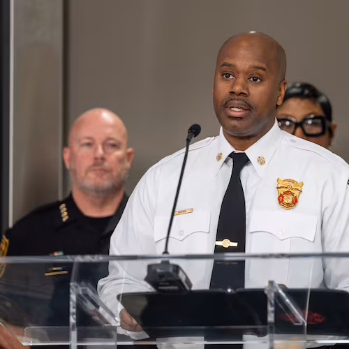 Dekalb County interim Fire Chief Melvin Carter joined other county officials at a news conference Tuesday about a string of about 15 brush fires that officials say were set within a seven-hour period in the Clarkston area. (Ben Hendren for the AJC)