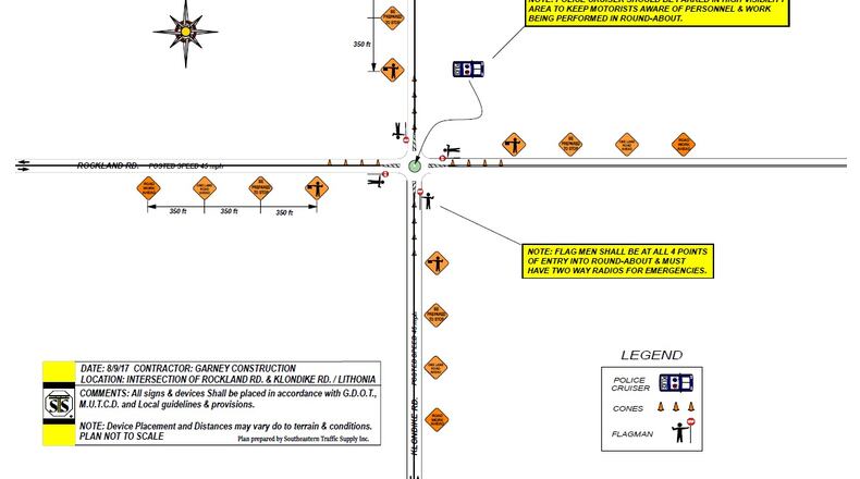 DeKalb County will close the roundabout at Rockland and Klondike roads overnight beginning Aug. 21 in order to work on improvements to the Honey Creek Pump Station. CONTRIBUTED