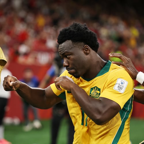 Australia's Nestory Irankunda (17) celebrates scoring the first goal against Turkey during the World Cup Group D soccer match, in Vancouver, British Columbia, Saturday, June 13, 2026. (AP Photo/Kaleb Tatum)