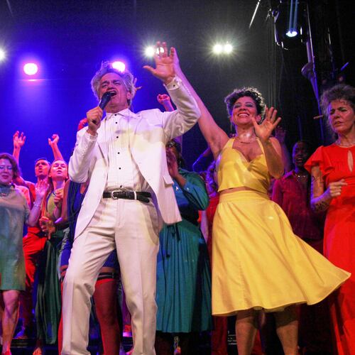 Reverend Billy and the Stop Shopping Choir perform from the Colchester Arts Centre in Colchester, England during their Fabulous Unknown UK tour on Oct. 23, 2024. (Miranda Zhen Yao via AP)
