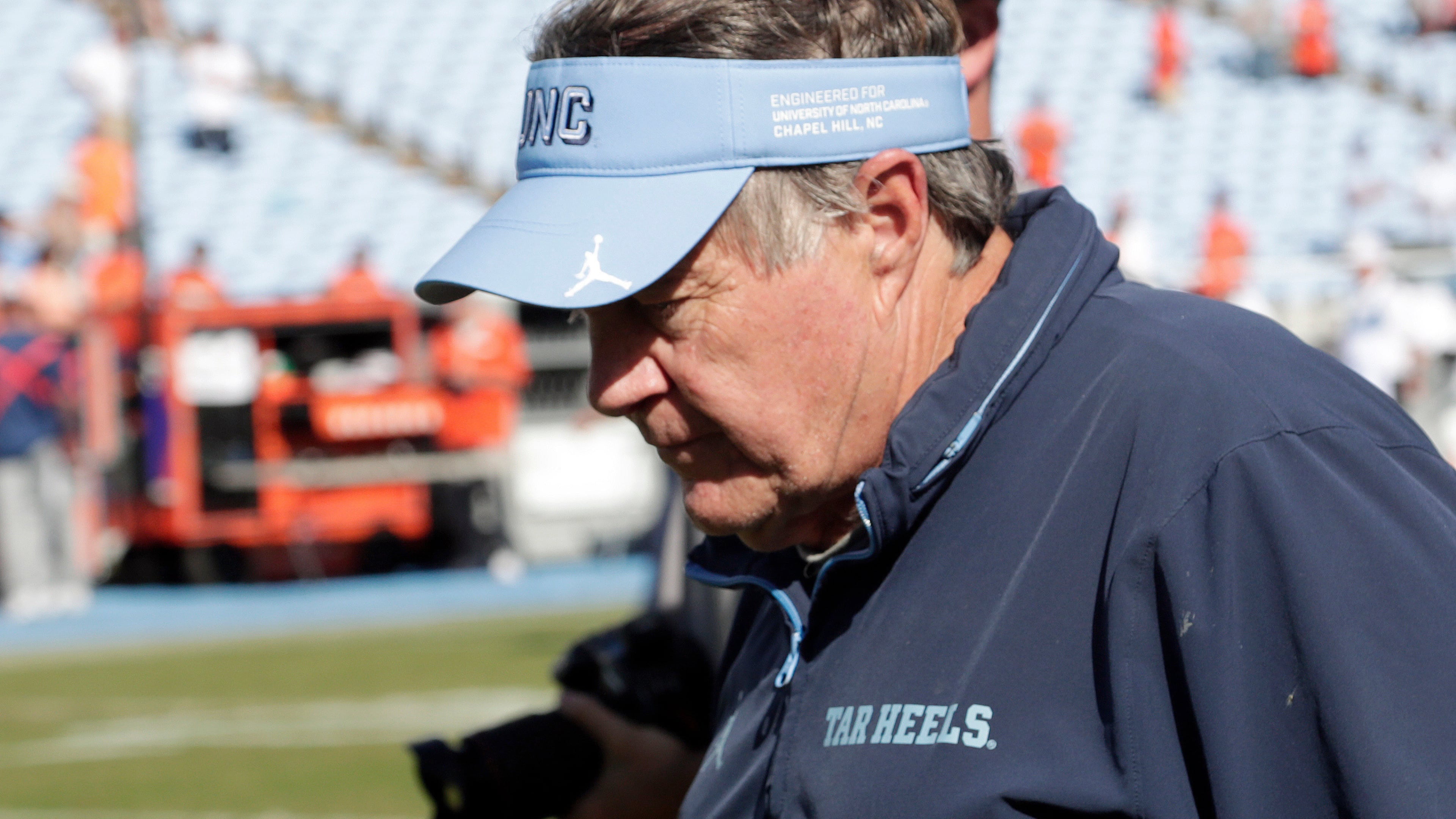 North Carolina head coach Bill Belichick walks off the field after losing to Clemson in an NCAA college football game, Saturday, Oct. 4, 2025, in Chapel Hill, N.C. (AP Photo/Chris Seward)