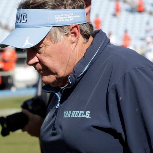 North Carolina head coach Bill Belichick walks off the field after losing to Clemson in an NCAA college football game, Saturday, Oct. 4, 2025, in Chapel Hill, N.C. (AP Photo/Chris Seward)