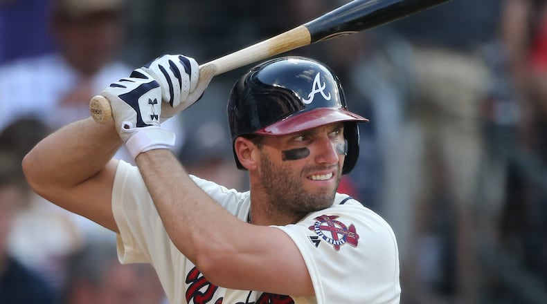 Jeff Francoeur at bat against the Marlins during his 2016 return to the Braves. (Curtis Compton / ccompton@ajc.com)