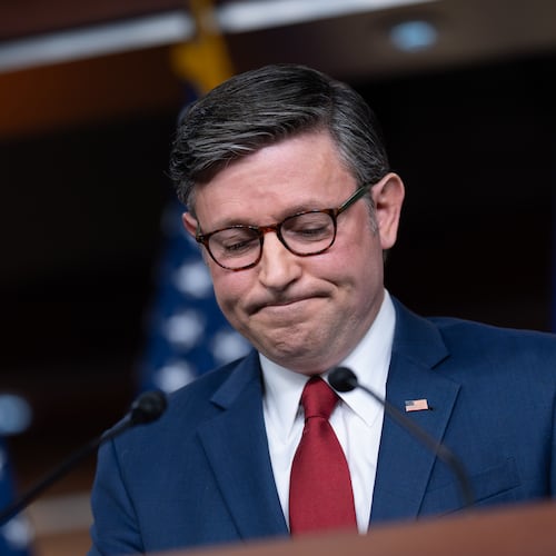 Speaker of the House Mike Johnson, R-La., makes a statement to reporters without taking questions following a vote in the Senate to move forward with a stopgap funding bill to reopen the government through Jan. 30, at the Capitol in Washington, Monday, Nov. 10, 2025. (AP Photo/J. Scott Applewhite)