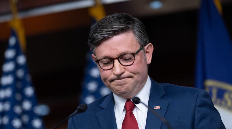 Speaker of the House Mike Johnson, R-La., makes a statement to reporters without taking questions following a vote in the Senate to move forward with a stopgap funding bill to reopen the government through Jan. 30, at the Capitol in Washington, Monday, Nov. 10, 2025. (AP Photo/J. Scott Applewhite)