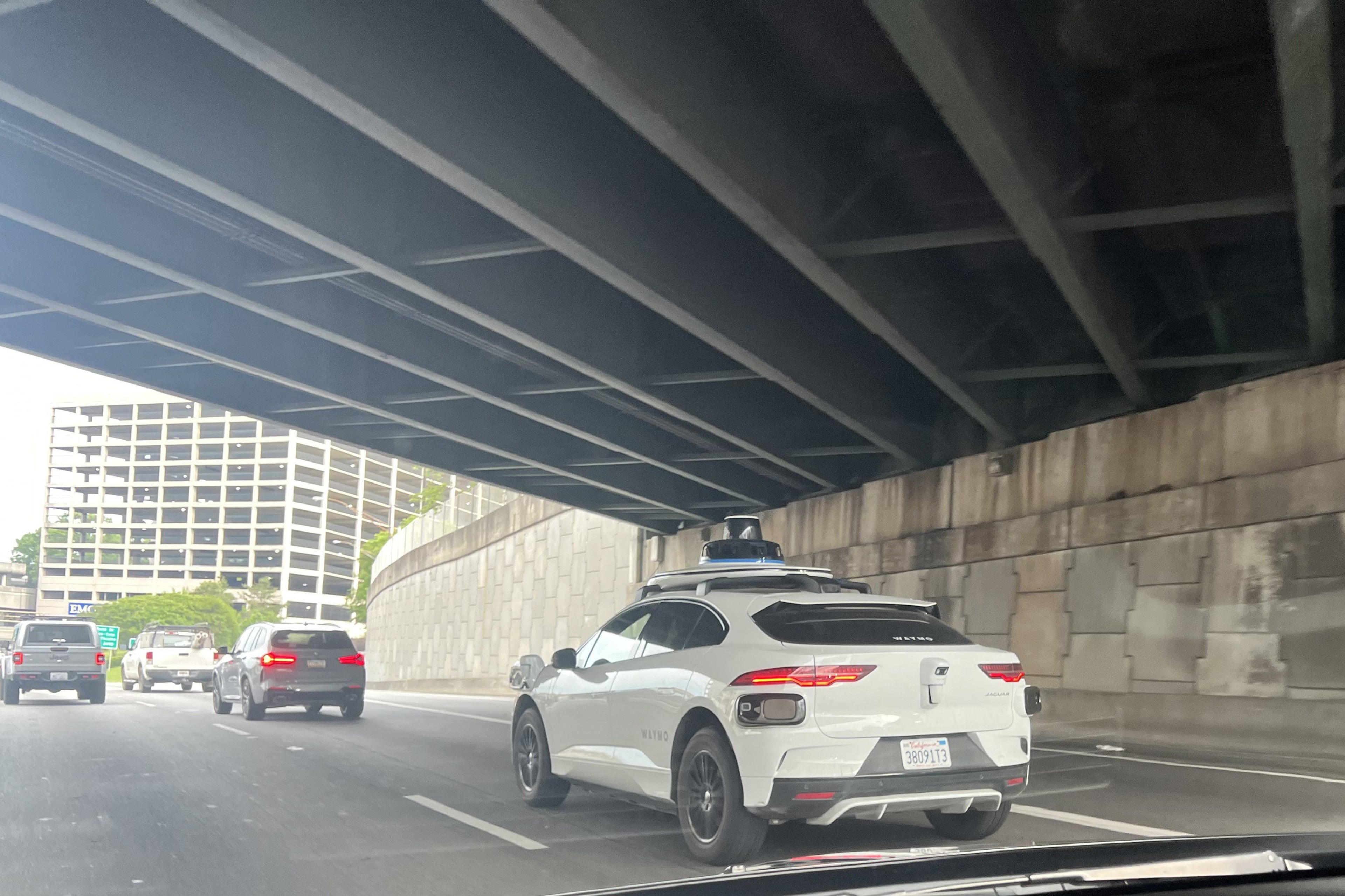 A Waymo vehicle on the Downtown Connector in Atlanta on Wednesday, April 17, 2024. (Kelly Yamanouchi/The Atlanta Journal-Constitution/TNS)