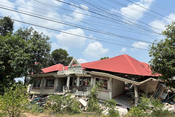 A damaged building is seen in Naypyitaw, Myanmar, Monday, April 28, 2025, one month after the earthquake. (AP Photo/Aung Shine Oo)