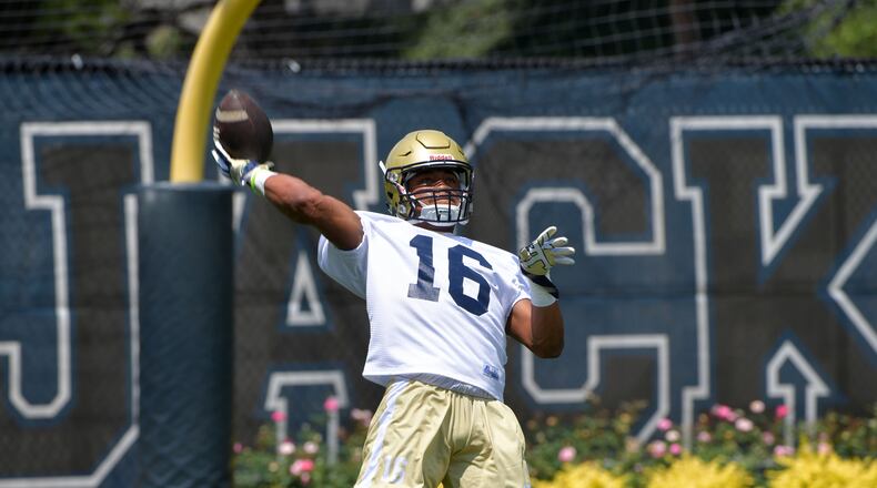 August 4, 2017 Atlanta - Georgia Tech quarterback TaQuon Marshall (16) runs through a drill during the first day of Georgia Tech football practice at Rose Bowl Field in Georgia Tech campus on Friday, August 4, 2017. HYOSUB SHIN / HSHIN@AJC.COM