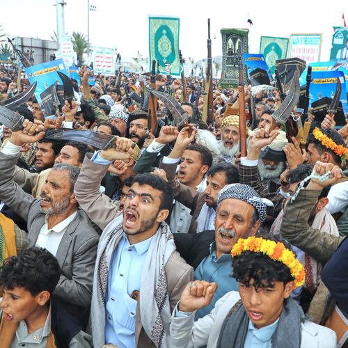 Supporters of Yemen's Houthi rebels shout slogans during a rally in support of the group and to protest Saudi Arabia's accusation that the Houthis targeted Islam's holiest site of Mecca, in Sanaa, Yemen, Friday, Sept. 18, 2026. (AP Photo/Osamah Abdulrahman)