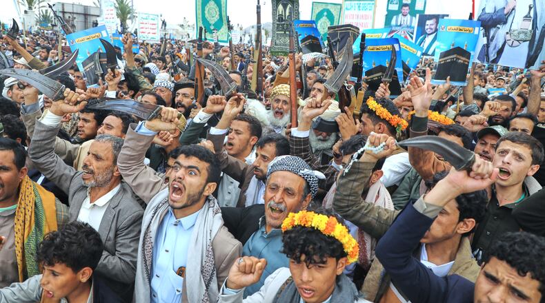 Supporters of Yemen's Houthi rebels shout slogans during a rally in support of the group and to protest Saudi Arabia's accusation that the Houthis targeted Islam's holiest site of Mecca, in Sanaa, Yemen, Friday, Sept. 18, 2026. (AP Photo/Osamah Abdulrahman)