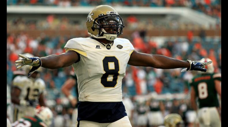 <p>MIAMI GARDENS, FL - OCTOBER 14: Step Durham #8 of the Georgia Tech Yellow Jackets reacts to a play during a game against the Miami Hurricanes at Sun Life Stadium on October 14, 2017 in Miami Gardens, Florida. (Photo by Mike Ehrmann/Getty Images)</p>