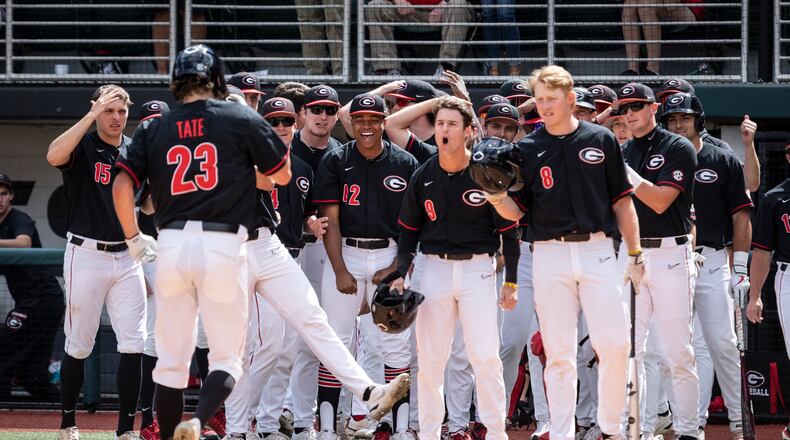 Georgia outfielder Connor Tate gets a rousing welcome after hitting his ninth home run of the season during a game against Vanderbilt Saturday in Athens. (Photo by Sydney Fordice/UGA Athletics)