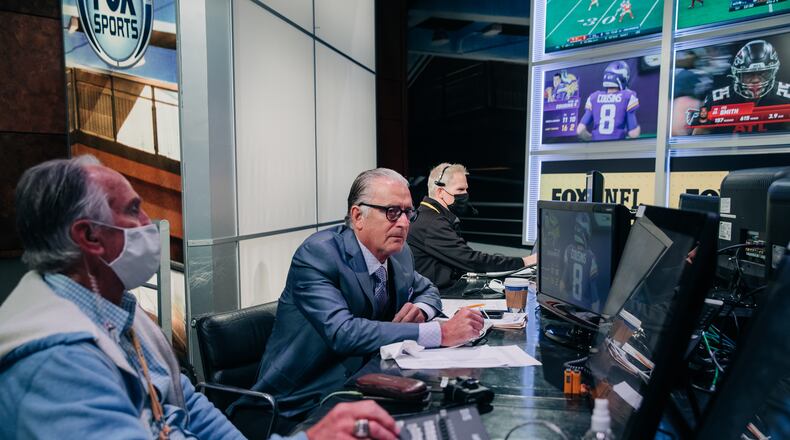 Fox Sports rules analyst Mike Pereira working recent NFL games. (Photo courtesy Lily Hernandez/FOX Sports)