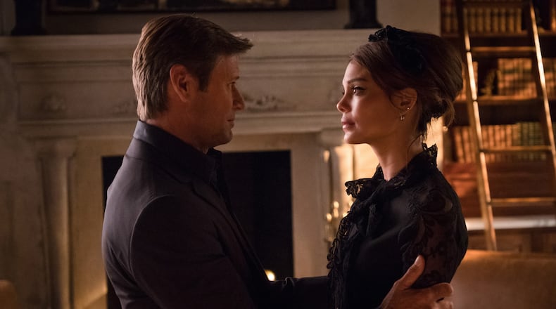 Dynasty -- "Spit It Out " -- Image Number: DYN102a_0140.jpg -- Pictured (L-R): Grant Show as Blake and Nathalie Kelley as Cristal -- Photo: Mark Hill/The CW -- é 2017 The CW Network, LLC. All Rights Reserved.