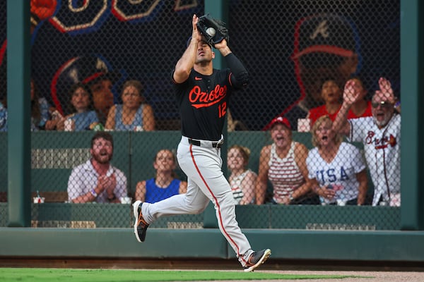 Baltimore Orioles outfielder Ramón Laureano (12) makes a catch in the third inning of a baseball game against the Atlanta Braves, Friday, July 4, 2025, in Atlanta. (AP Photo/Colin Hubbard)