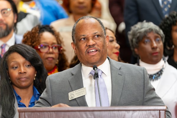 Rep. David Wilkerson, D-Powder Springs, speaks at a joint press conference at the Capitol in March. (Ben Hendren for the AJC)