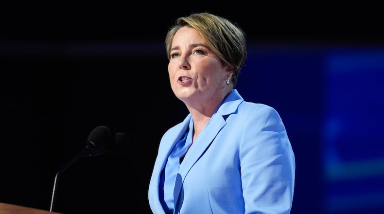 FILE - Massachusetts Gov. Maura Healey speaks at the 2024 Democratic National Convention on Aug. 22, 2024, in Chicago. (AP Photo/Paul Sancya, File)