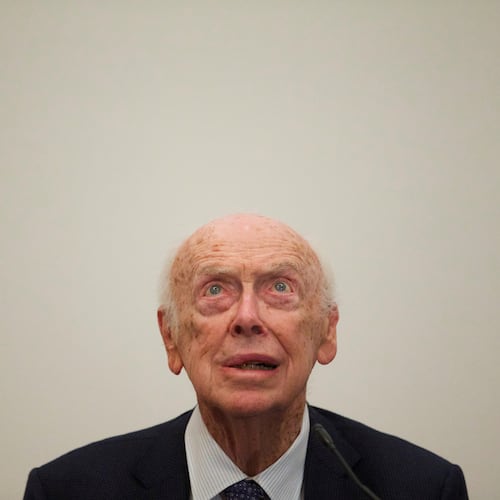 FILE - U.S. Nobel laureate, biologist James Watson speaks at the Russian Academy of Sciences, in Moscow, Russia, Wednesday, June 17, 2015. (AP Photo/Ivan Sekretarev, File)