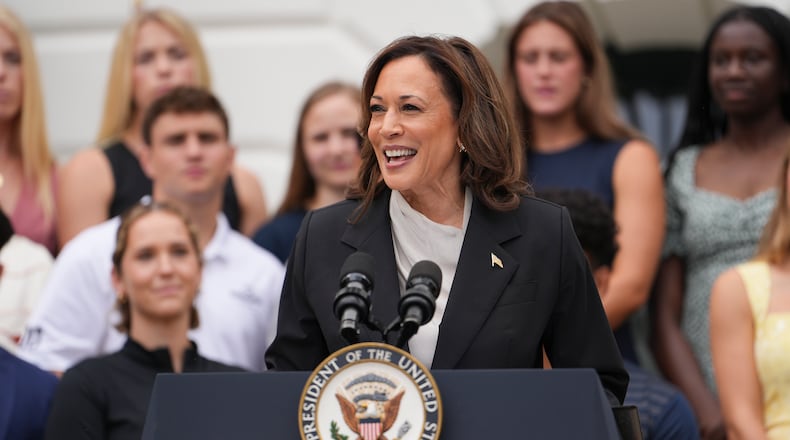 Vice President Kamala Harris speaks at an event for NCAA champions on the South Lawn of the White House in Washington, on Monday, July 22, 2024. (Erin Schaff/The New York Times)