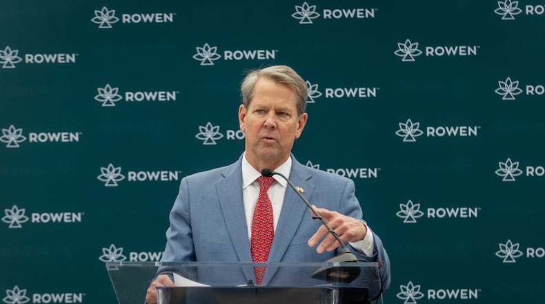 Gov. Brian Kemp talks at a groundbreaking on the Rowen development east of Dacula Friday, Dec. 9, 2022. (Steve Schaefer/steve.schaefer@ajc.com)