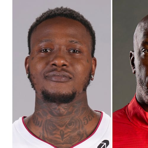 FILE - This photo combo shows from left, Miami Heat guard Terry Rozier and Portland Trail Blazers head coach Chauncey Billups. (AP Photo/File)