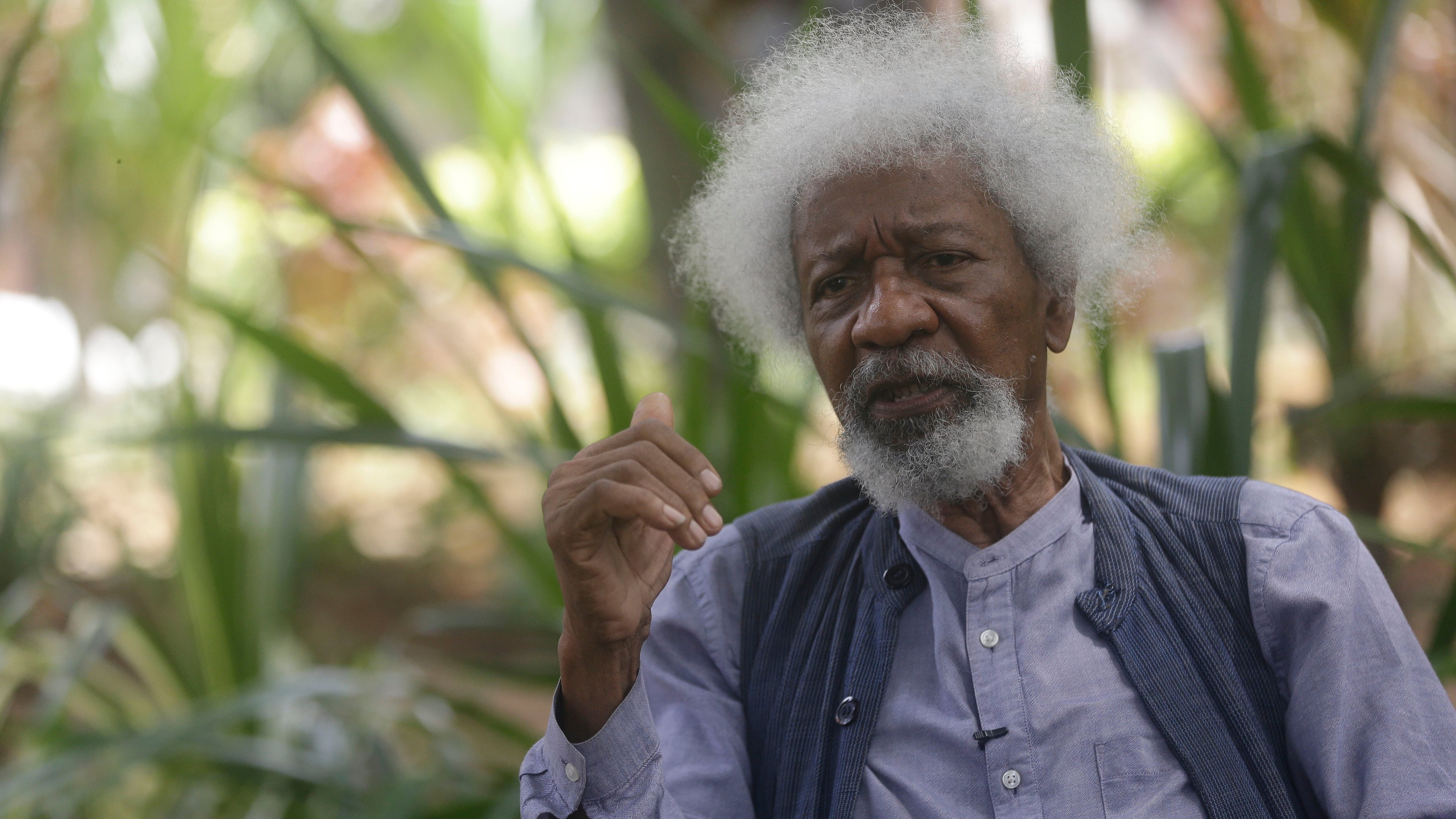 FILE - Nobel Laureate Wole Soyinka, speaks to The Associated Press during an interview at freedom park in Lagos, Nigeria, Thursday, Oct. 28, 2021. (AP Photo/Sunday Alamba, file)