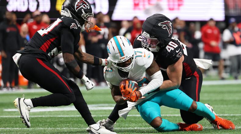 The Falcons will continue to search for options to replace Divine Deablo's production at linebacker. JD Bertrand struggled in his first career start at the position against the Dolphins on Sunday. (Colin Hubbard/AP)