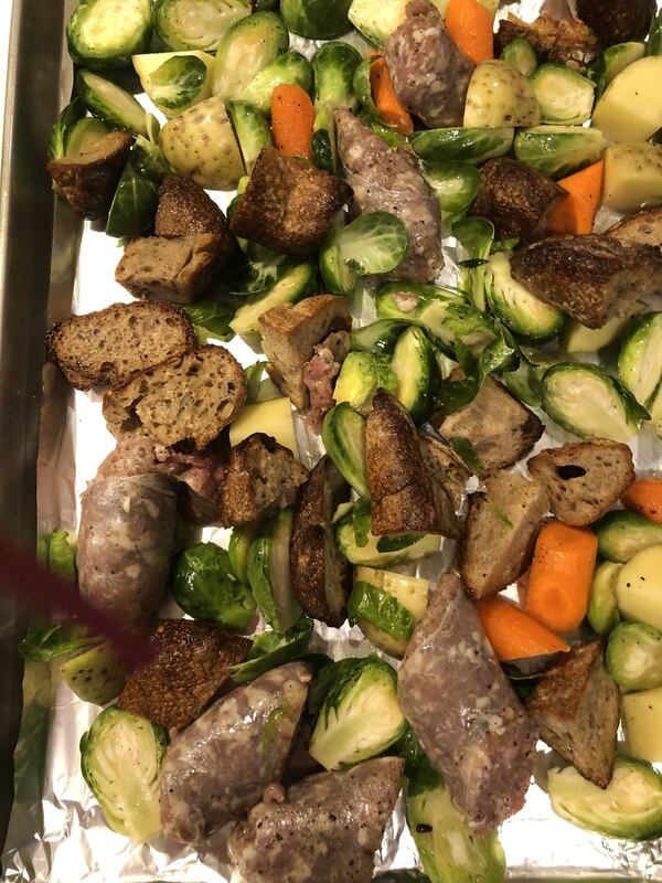 Sometimes, Ellen Nemhauser makes savory sheet pan dinners using sausage in place of chicken. CONTRIBUTED BY ELLEN NEMHAUSER