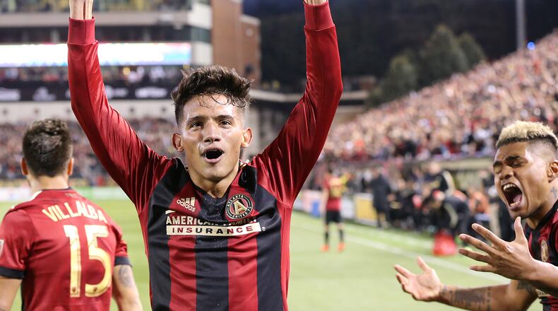 Atlanta United RC Yamil Asad reacts to scoring the team's first goal for a 1-0 lead against the N.Y. Red Bulls during the first game in franchise history on Sunday, March 5, 2017, in Atlanta. (Curtis Compton/ccompton@ajc.com)