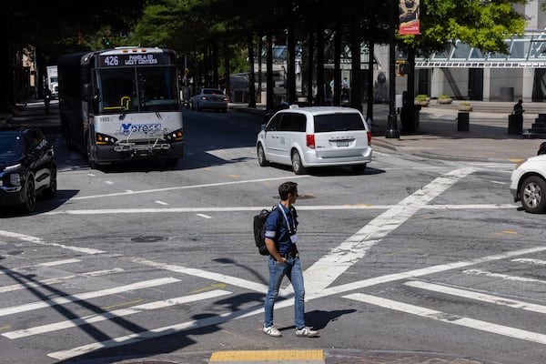 The intersection of Peachtree and Baker streets, where a man was recently struck and killed.