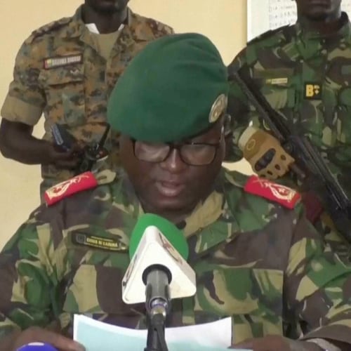 Dinis N’Tchama, military spokesperson, speaks on Wednesday, Nov. 26, 2025 in Bissau, Guinea-Bissau. (TGB Guinea-Bissau via AP)