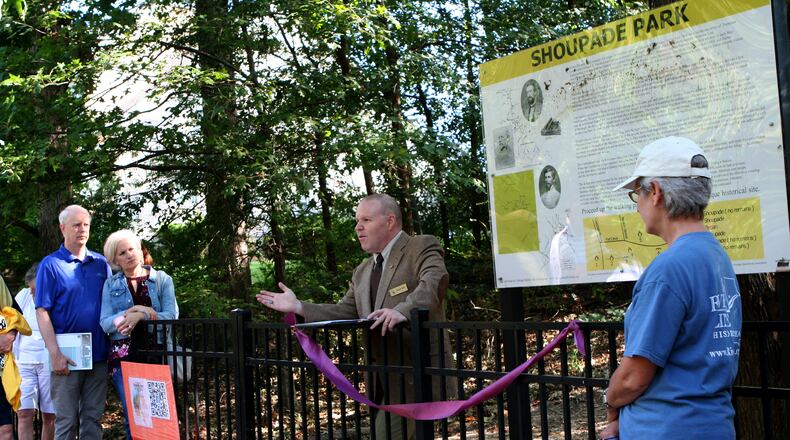 Civil War historian and lecturer Michael K. Shaffer speaks at the Sept. 23 rededication of the Shoupade Park, 4770 Oakdale Road, Smyrna, where two Civil War-era “Shoupades” or forts are preserved. DAVID IBATA FOR THE AJC