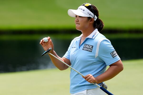 Haeran Ryu, of South Korea, reacts on the 15th hole during the first round of the Chevron Championship LPGA golf tournament Thursday, April 24, 2025, in The Woodlands, Texas. (AP Photo/Ashley Landis)