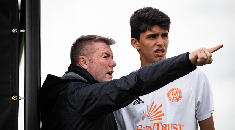 Atlanta United Academy Director Tony Annan gives instructions to Atlanta United academy player Efrain Morales.
Morales, a native of Suwanee, has been invited by Manchester United to participate in an eight-day training experience. (Atlanta United)