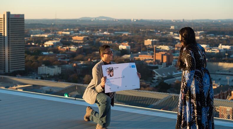 Anuj Patel proposes to Sumita Dalmia with a Twitter-themed proposal.