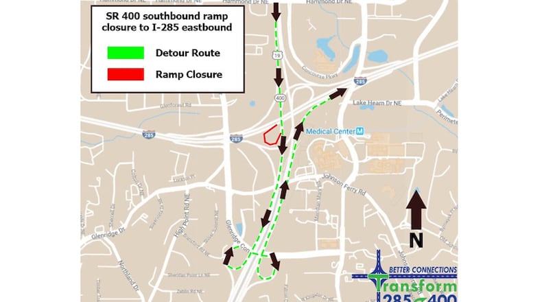 Map depicts the recommended detour when the ramp from southbound Ga. 400 to eastbound I-285 is closed. GEORGIA DEPARTMENT OF TRANSPORTATION