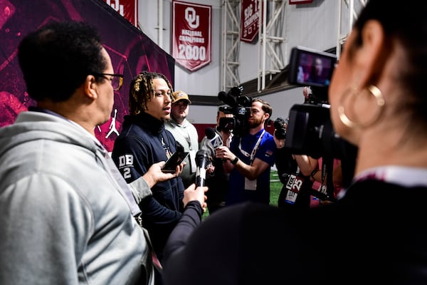 Oklahoma defensive back Billy Bowman Jr. gives an interview during Oklahoma's NFL pro day on Tuesday, March 11, 2025, in Norman, Okla. (Gerald Leong/AP)