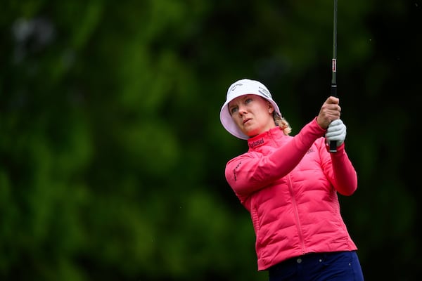 Madelene Sagstrom hits from the ninth tee and makes a hole-in-one during the first round of the LPGA's JM Eagle LA Championship golf tournament at El Caballero Country Club, Thursday, April 17, 2025, in Los Angeles. (AP Photo/William Liang)